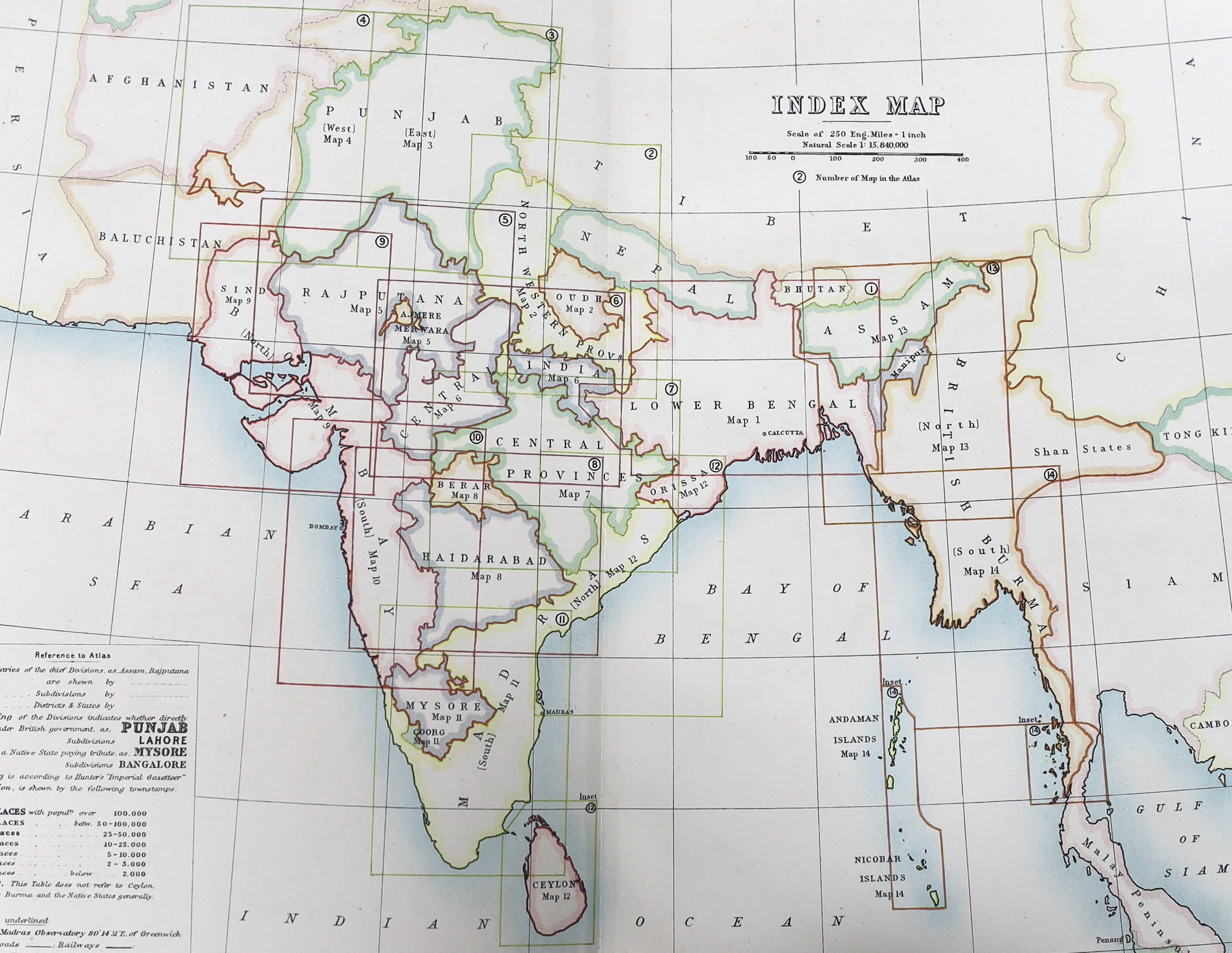 Atlas of India ... With an Introduction by Sir W.W. Hunter. d-page coloured index map and 15 d-page coloured others; publisher's gilt, colour and blind decorated cloth, patterned e/ps., 4to. W & A.K. Johnstone, 1894